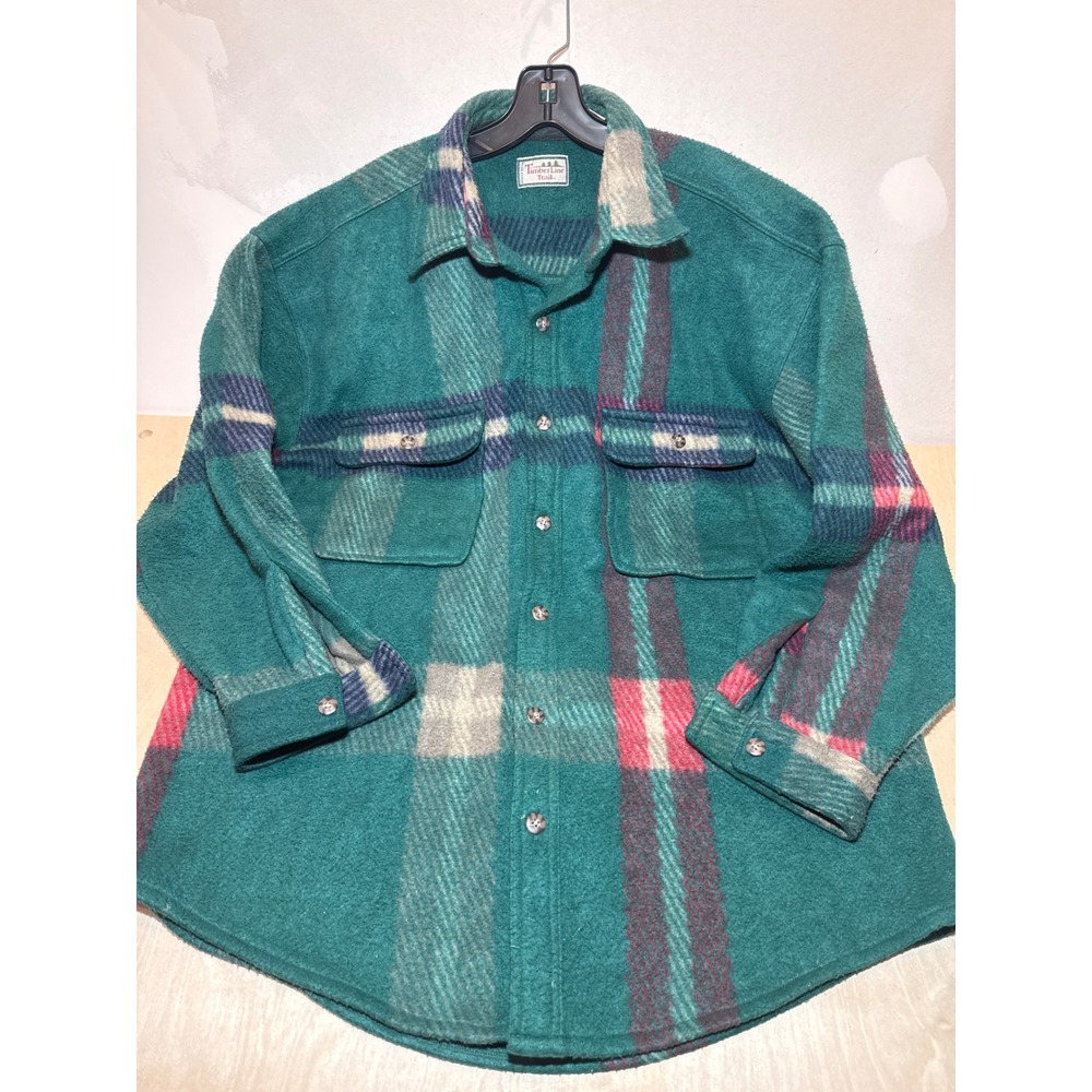Vintage 90s Timberline Trail Plaid Fleece Shirt Jacket XL Teal Grunge Outdoor